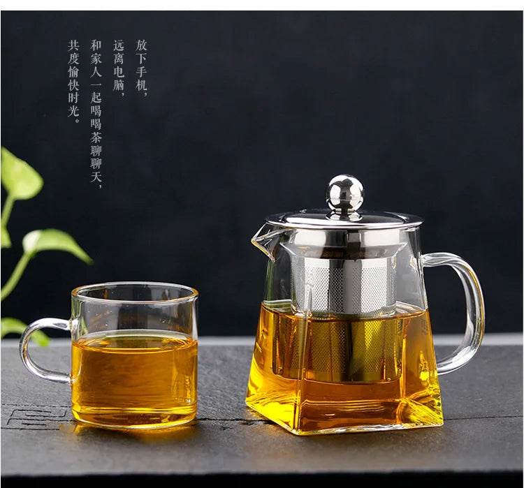 Heat Resistant Glass Teapot With Stainless Steel Coffee Infuser Heated Container Tea Pot Good Clear Kettle Square Filter Baskets - MarvelouStoree