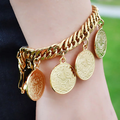 Turkish Couple Round Coin Bracelet Golden Muslim Islam Bracelet 21cm Fashion Personality Charm Jewelry Party Gift Wholesale