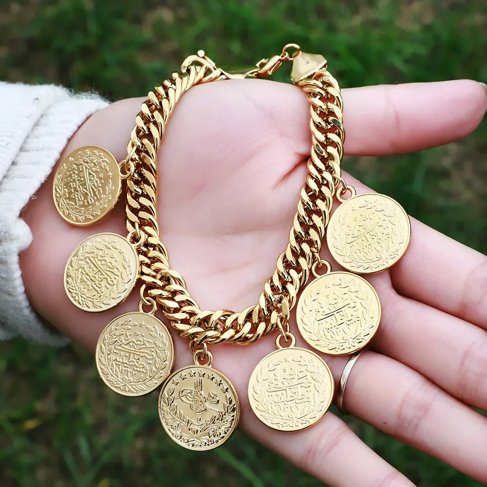 Turkish Couple Round Coin Bracelet Golden Muslim Islam Bracelet 21cm Fashion Personality Charm Jewelry Party Gift Wholesale