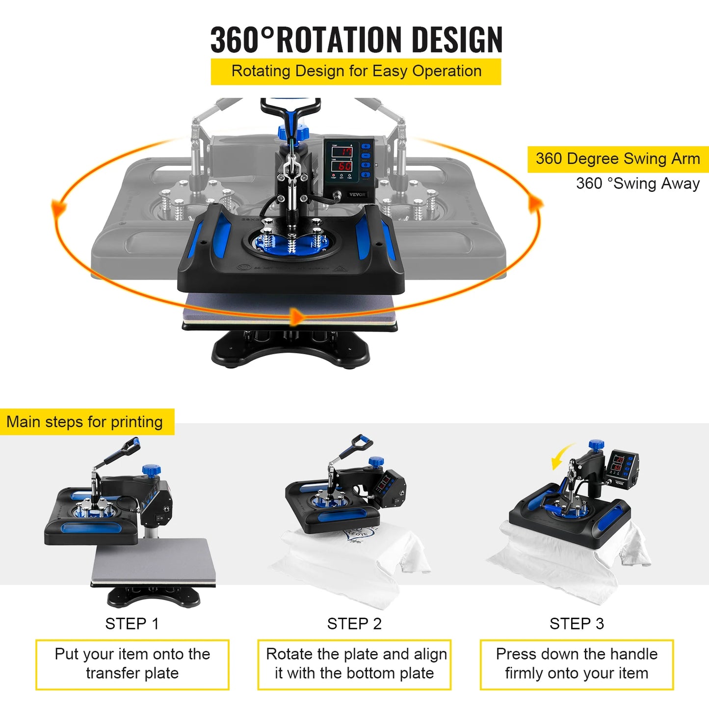 VEVOR 5/8in1 15x15"/12x15" Dual-tube Heating Insulation Cotton Heat Press Sublimation Machine 360° Swing Design for T-shirts Etc