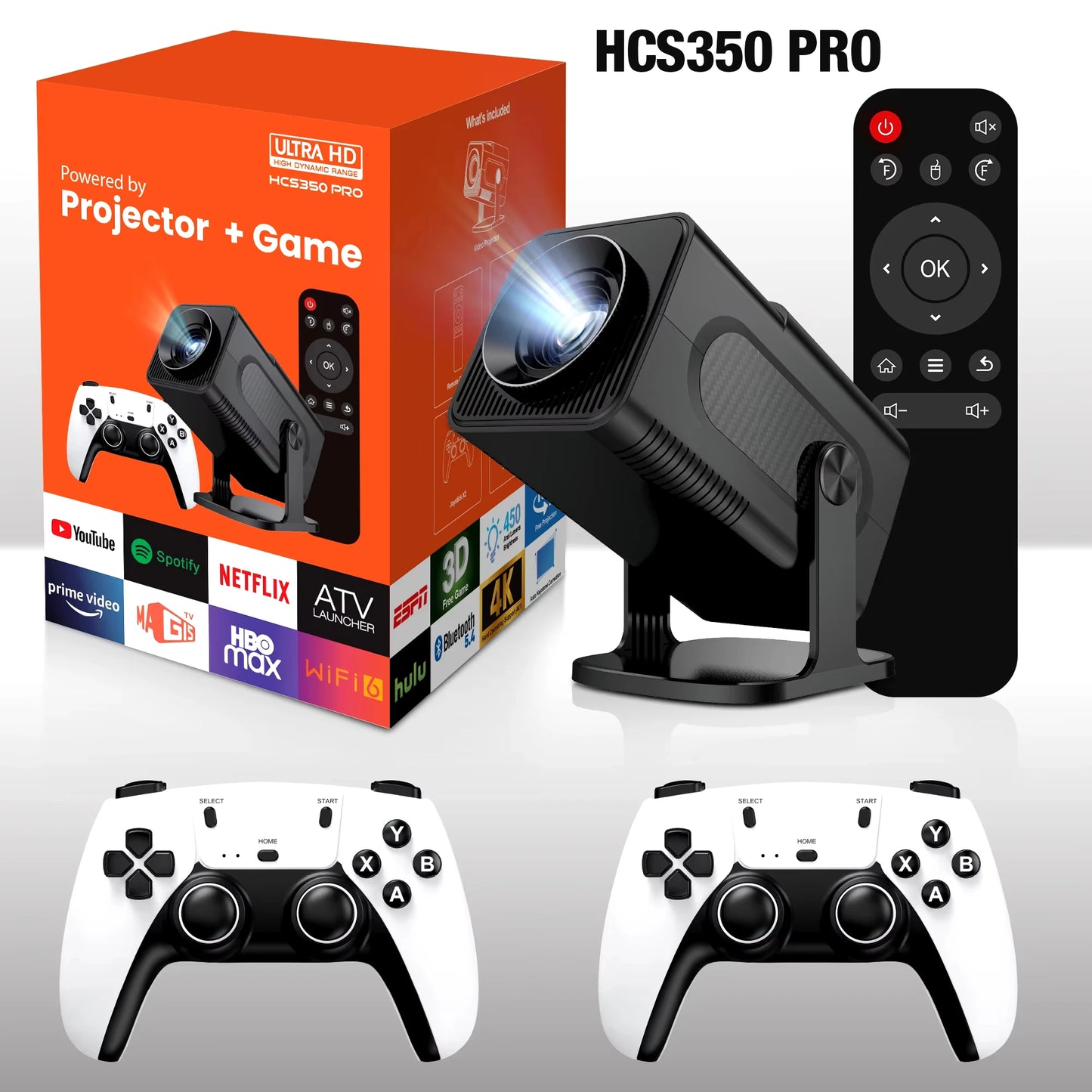 HCS350 Pro Video Game Console Include 2 Wireless Game Controllers 9999+ Games Support 4K 1080P Android11 Portable Projector