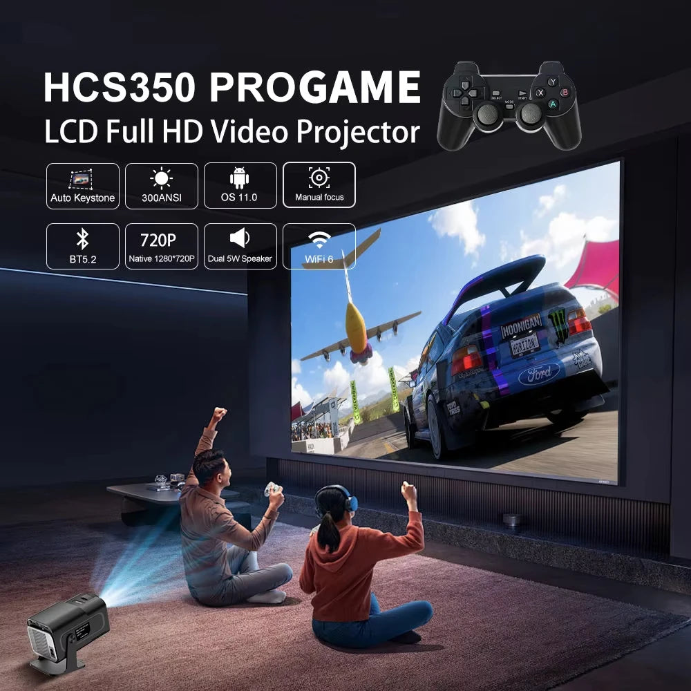 HCS350 Pro Video Game Console Include 2 Wireless Game Controllers 9999+ Games Support 4K 1080P Android11 Portable Projector