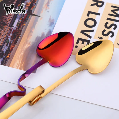 Hanging Cup Coffee Spoon Heart Shape Stainless Steel Scoop Silver Sugar Dessert Spoons Gold Stirring Tea-spoon Snack Juice Tools