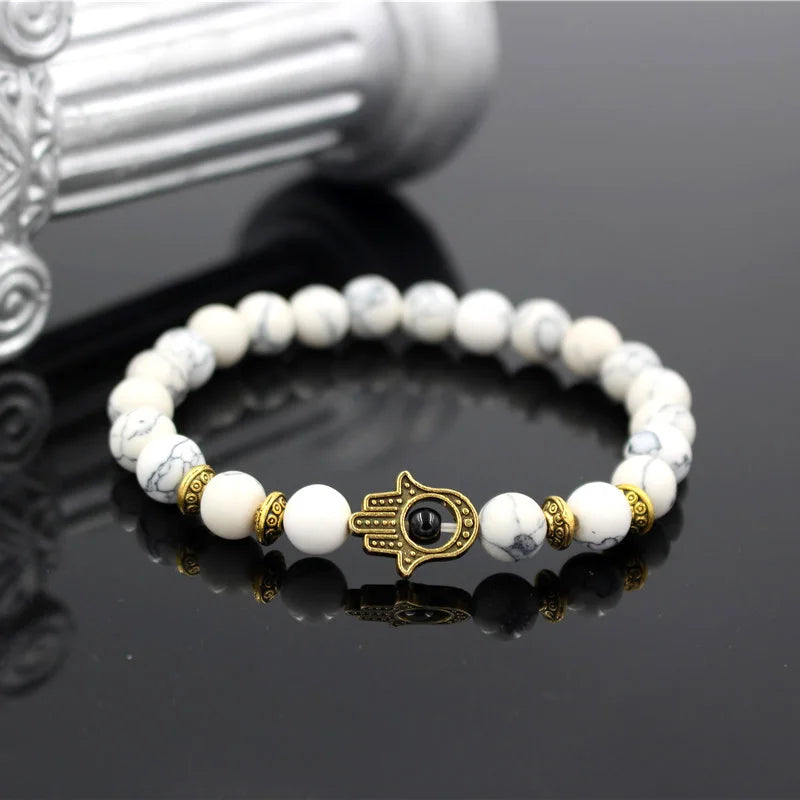 Turkish Antique Gold & Silver Color Fatima Hands Hamsa Charm Lava White Howlite Stone Bead Elastic Yoga Bracelet For Men Women