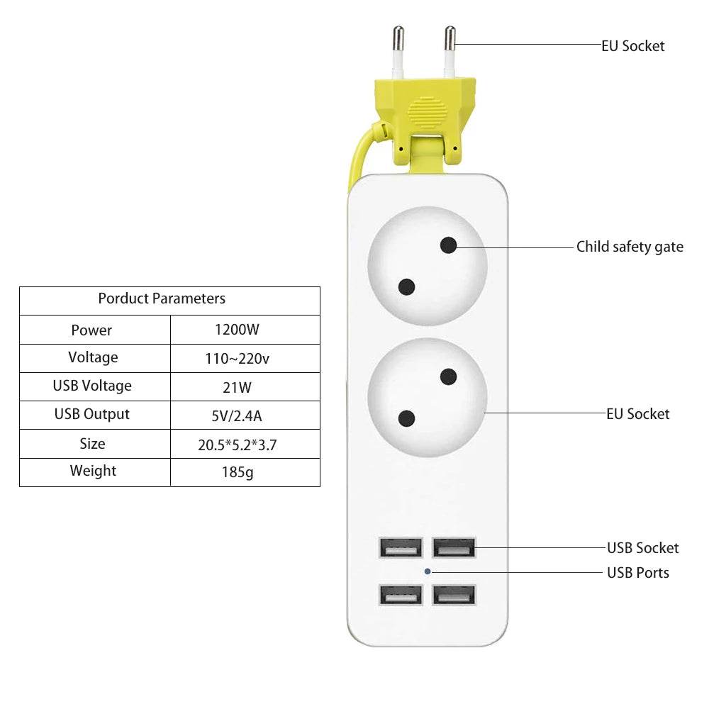 Rdxone EU plug Travel Power Strip Portable Extension Socket Outlet with 4 USB Wall Charger Smart Desktop Socket - MarvelouStoree