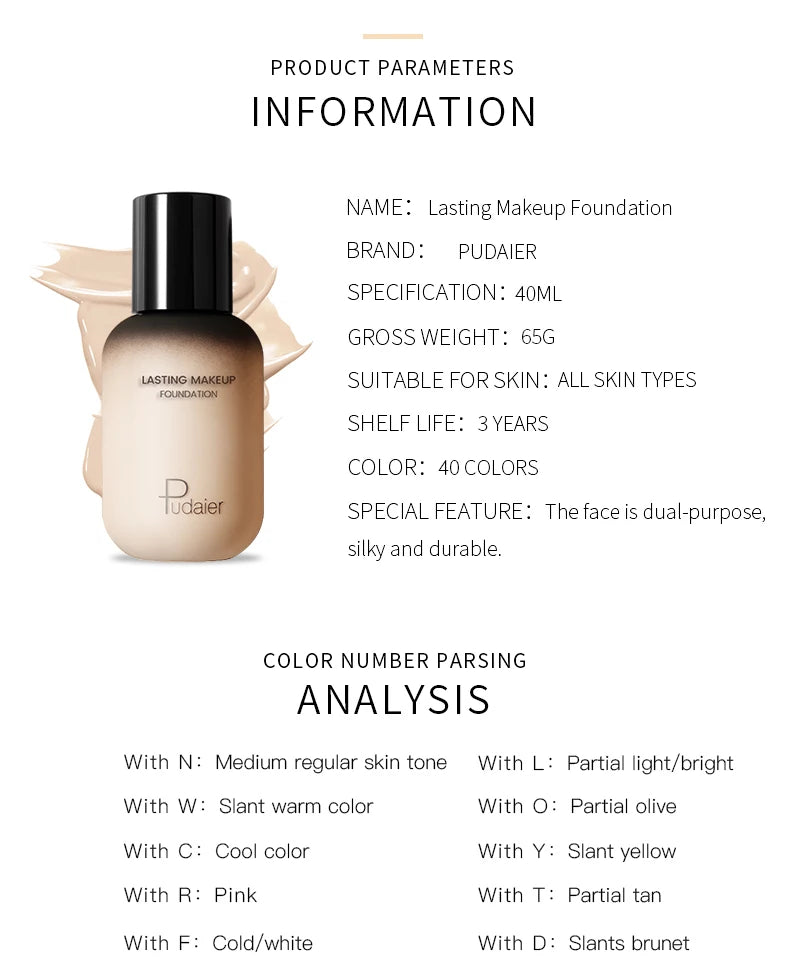 Pudaier 40ml Professional Concealing Makeup Matte Tonal Base Liquid Cosmetics Foundation Cream For Face Full Coverage