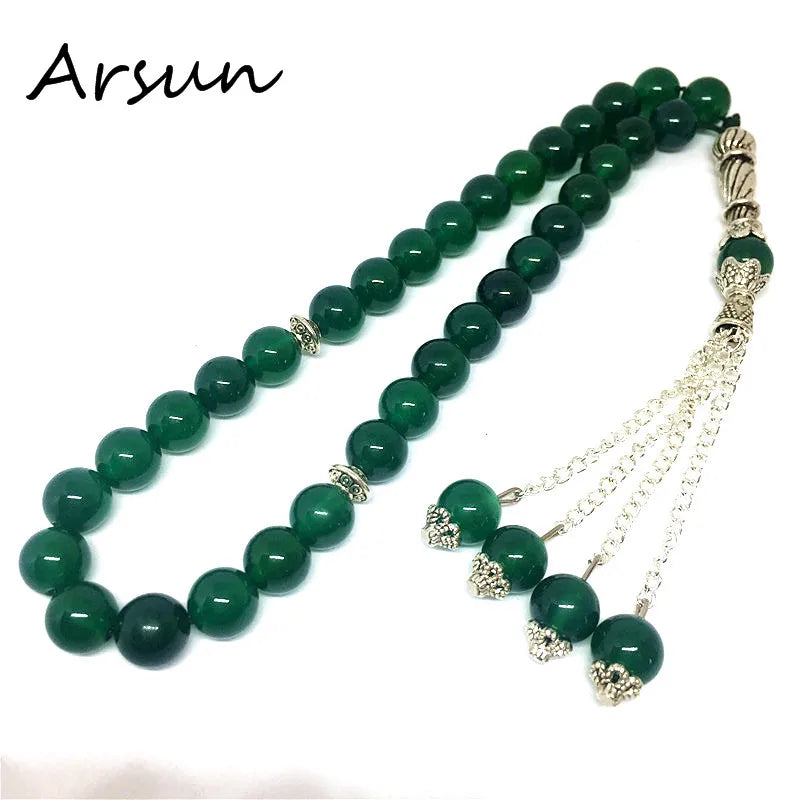 Handmade 8mm Natural Green Agate Stone Round Shape 33 Prayer Beads Muslim Tasbih Allah Mohammed Rosary for women men Bracelet