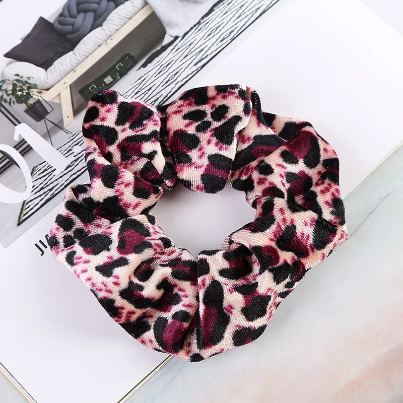 Women Velvet Hair Scrunchies Hair Tie Ponytail Holder Simple Stretch Pure Color Leopard Elastic Hair Band Girls Hair Accessories