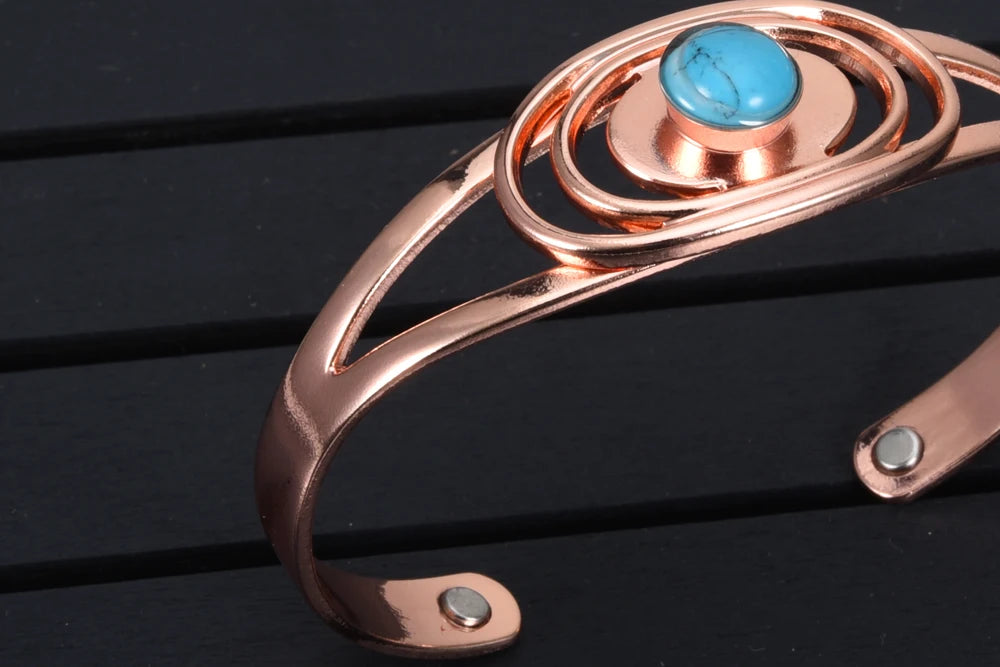 Vinterly Magnetic Pure Copper Bracelets Blue Stone Oval Adjustable Open Cuff Health Bangles Charm Jewelry for Women Resizable