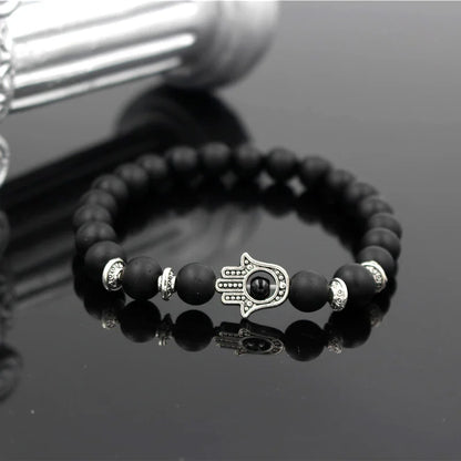 Turkish Antique Gold & Silver Color Fatima Hands Hamsa Charm Lava White Howlite Stone Bead Elastic Yoga Bracelet For Men Women