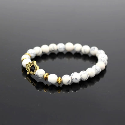 Turkish Antique Gold & Silver Color Fatima Hands Hamsa Charm Lava White Howlite Stone Bead Elastic Yoga Bracelet For Men Women