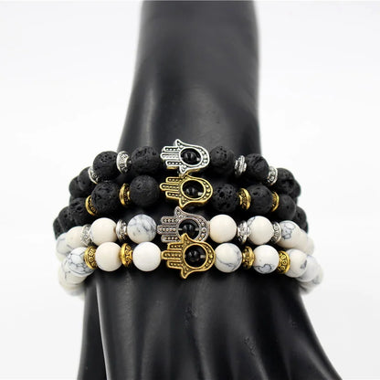 Turkish Antique Gold & Silver Color Fatima Hands Hamsa Charm Lava White Howlite Stone Bead Elastic Yoga Bracelet For Men Women