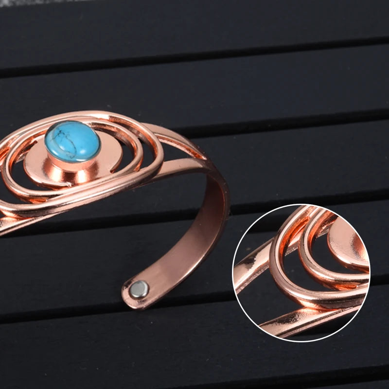 Vinterly Magnetic Pure Copper Bracelets Blue Stone Oval Adjustable Open Cuff Health Bangles Charm Jewelry for Women Resizable