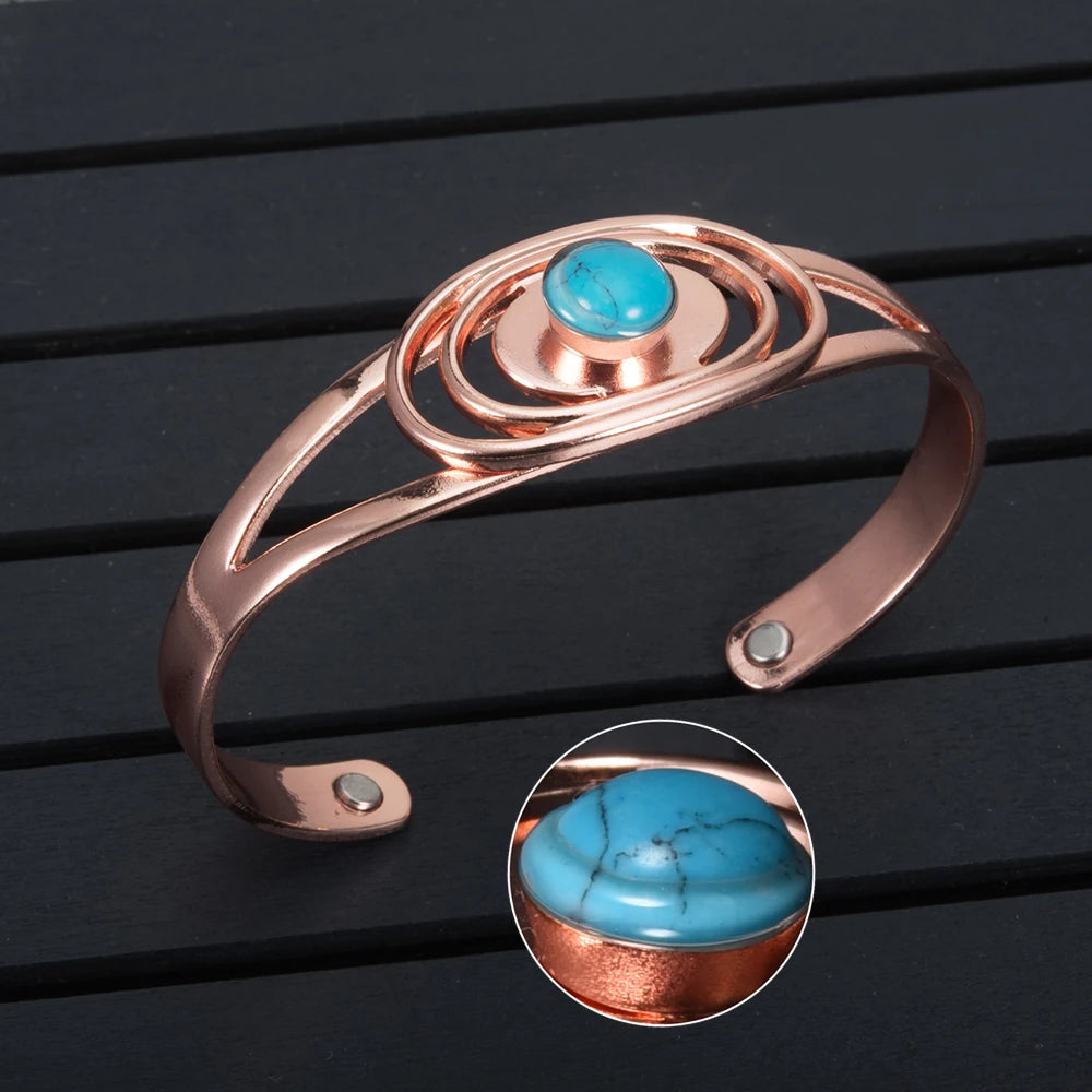 Vinterly Magnetic Pure Copper Bracelets Blue Stone Oval Adjustable Open Cuff Health Bangles Charm Jewelry for Women Resizable