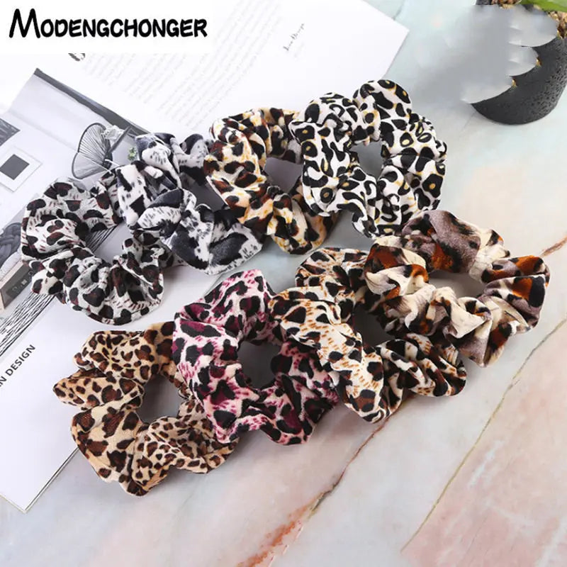 Women Velvet Hair Scrunchies Hair Tie Ponytail Holder Simple Stretch Pure Color Leopard Elastic Hair Band Girls Hair Accessories