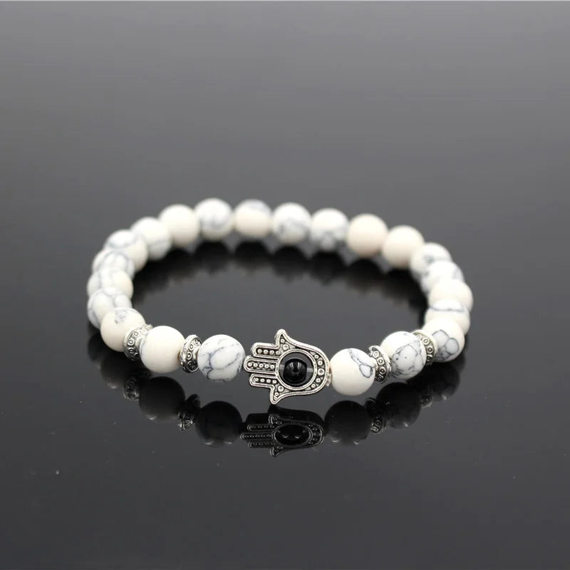 Turkish Antique Gold & Silver Color Fatima Hands Hamsa Charm Lava White Howlite Stone Bead Elastic Yoga Bracelet For Men Women