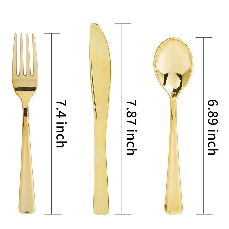 75 Piece Gold Disposable Cutlery Set - Disposable Plastic Rose gold Flatware - Includes 25 Forks, 25 Spoons, 25 Knives