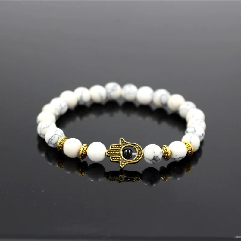 Turkish Antique Gold & Silver Color Fatima Hands Hamsa Charm Lava White Howlite Stone Bead Elastic Yoga Bracelet For Men Women