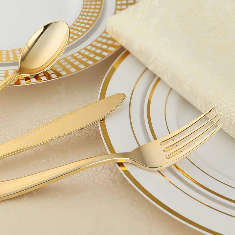 75 Piece Gold Disposable Cutlery Set - Disposable Plastic Rose gold Flatware - Includes 25 Forks, 25 Spoons, 25 Knives