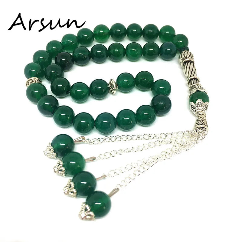 Handmade 8mm Natural Green Agate Stone Round Shape 33 Prayer Beads Muslim Tasbih Allah Mohammed Rosary for women men Bracelet