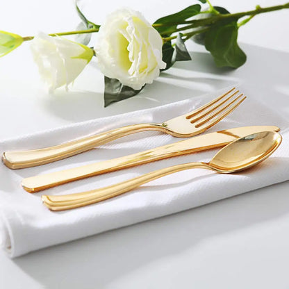 75 Piece Gold Disposable Cutlery Set - Disposable Plastic Rose gold Flatware - Includes 25 Forks, 25 Spoons, 25 Knives