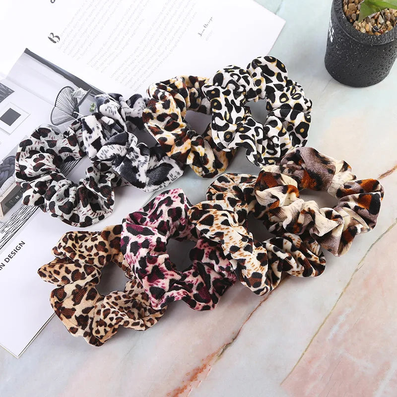 Women Velvet Hair Scrunchies Hair Tie Ponytail Holder Simple Stretch Pure Color Leopard Elastic Hair Band Girls Hair Accessories