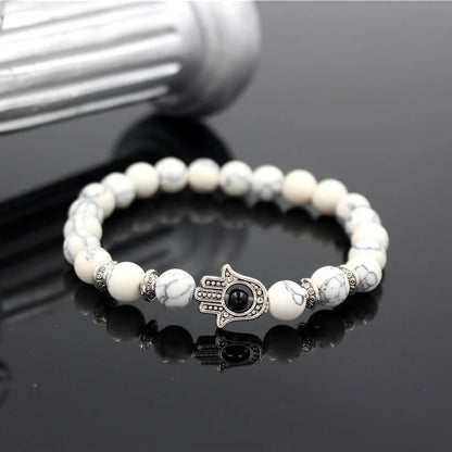 Turkish Antique Gold & Silver Color Fatima Hands Hamsa Charm Lava White Howlite Stone Bead Elastic Yoga Bracelet For Men Women