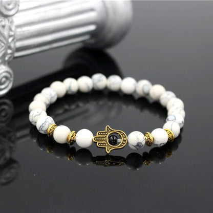 Turkish Antique Gold & Silver Color Fatima Hands Hamsa Charm Lava White Howlite Stone Bead Elastic Yoga Bracelet For Men Women