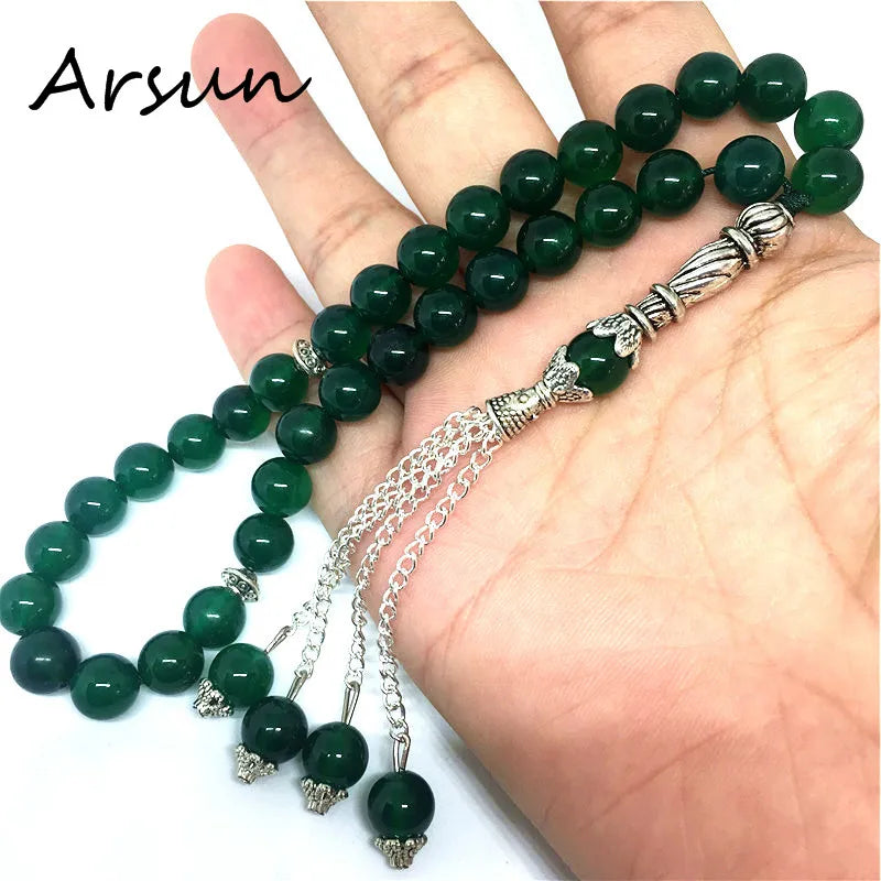 Handmade 8mm Natural Green Agate Stone Round Shape 33 Prayer Beads Muslim Tasbih Allah Mohammed Rosary for women men Bracelet