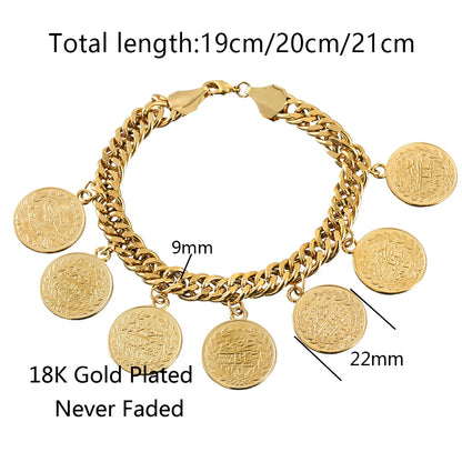 Turkish Couple Round Coin Bracelet Golden Muslim Islam Bracelet 21cm Fashion Personality Charm Jewelry Party Gift Wholesale