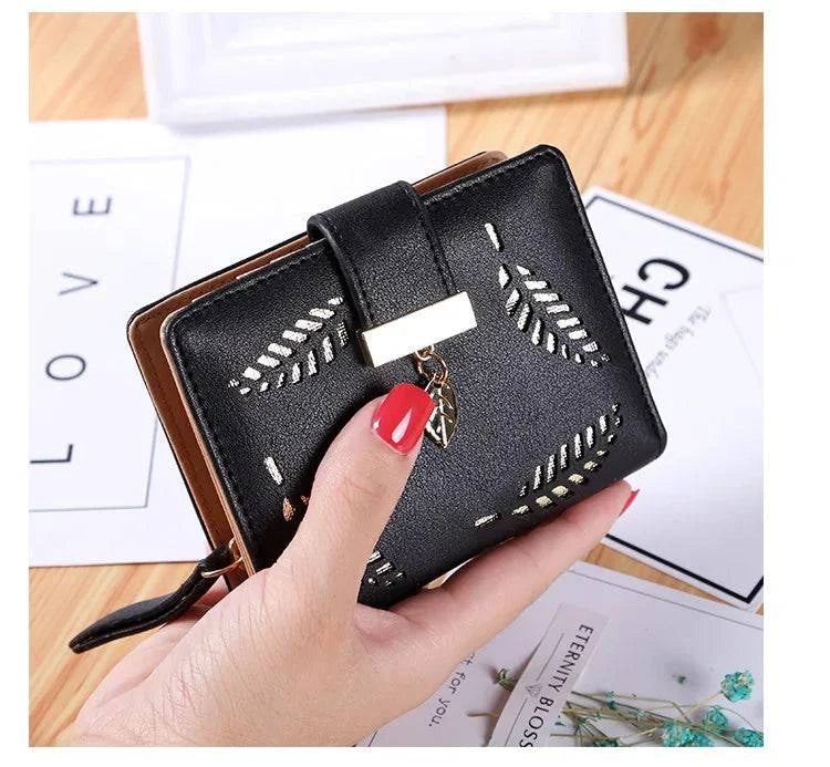 Fashion Women's Purse Short Zipper Wallet Women Leather 2024 Luxury Brand Small Women Wallets Clutch Bag With Hollow Out Leaves