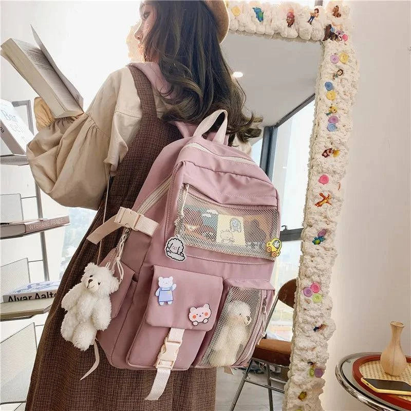 JULYCCINO New Buckle Badge Women Backpack Candy Color Fashion Cute Schoolbag Shoulder Student Bag Teenage Girls College Backpack - MarvelouStore