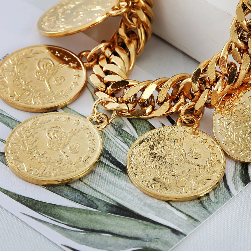 Turkish Couple Round Coin Bracelet Golden Muslim Islam Bracelet 21cm Fashion Personality Charm Jewelry Party Gift Wholesale