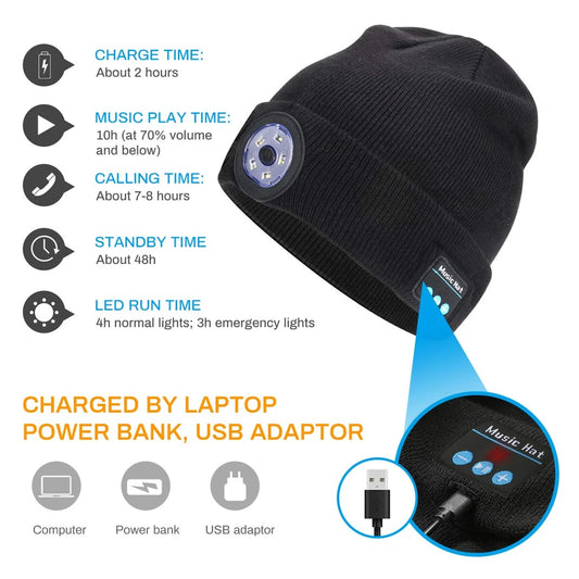 Warm  LED 5.0 Bluetooth Music Hat Wireless Beanie Headlight Handsfree Winter Unisex Knitted Cap for Running Skiing Camping