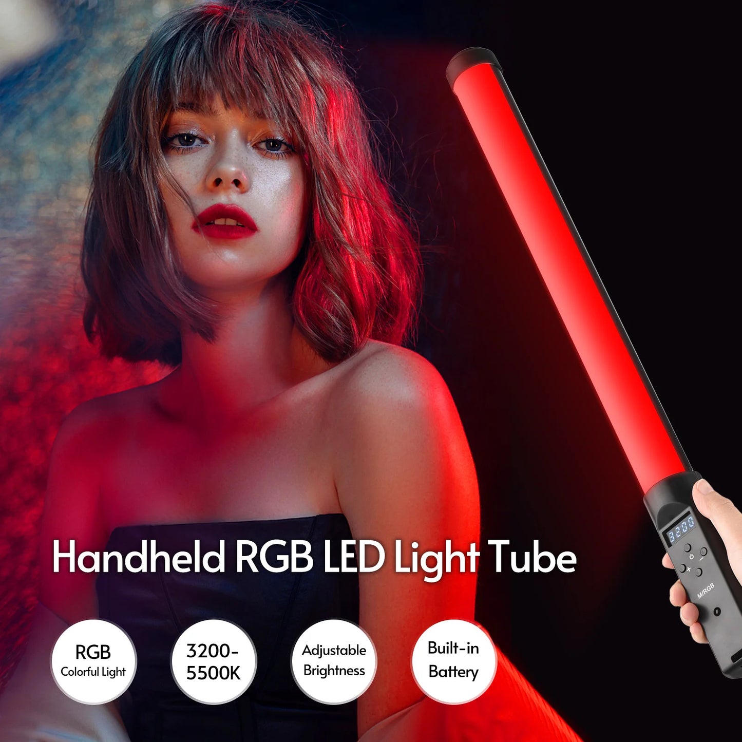 Marveloustoree Handheld RGB Tube Light LED Video Light Wand 3200K-5500K Dimmable 9 Colorful Lighting Effects  with Remote Control