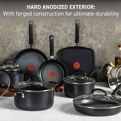 Hard Anodized Nonstick Cookware Set 14 Piece, Oven Broiler Safe 400F, Lid Safe 350F, Kitchen Cooking Set w/ Fry Pans, Saucepans