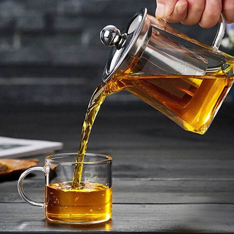 Heat Resistant Glass Teapot With Stainless Steel Coffee Infuser Heated Container Tea Pot Good Clear Kettle Square Filter Baskets - MarvelouStoree