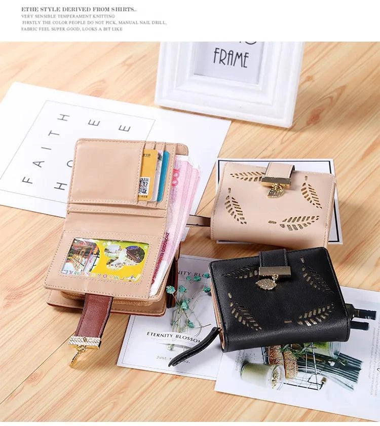 Fashion Women's Purse Short Zipper Wallet Women Leather 2024 Luxury Brand Small Women Wallets Clutch Bag With Hollow Out Leaves