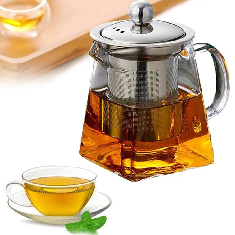 Heat Resistant Glass Teapot With Stainless Steel Coffee Infuser Heated Container Tea Pot Good Clear Kettle Square Filter Baskets - MarvelouStoree