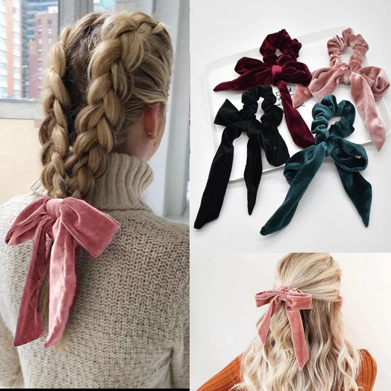 For Women Hair Ties Soft Hair Scrunchie Bow Velvet Elastic Lady Ribbon Elastic Hair Band Girls Gum Head Band New Hair Accessorie