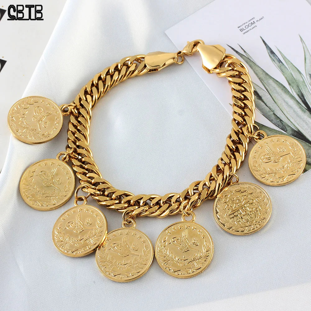 Turkish Couple Round Coin Bracelet Golden Muslim Islam Bracelet 21cm Fashion Personality Charm Jewelry Party Gift Wholesale