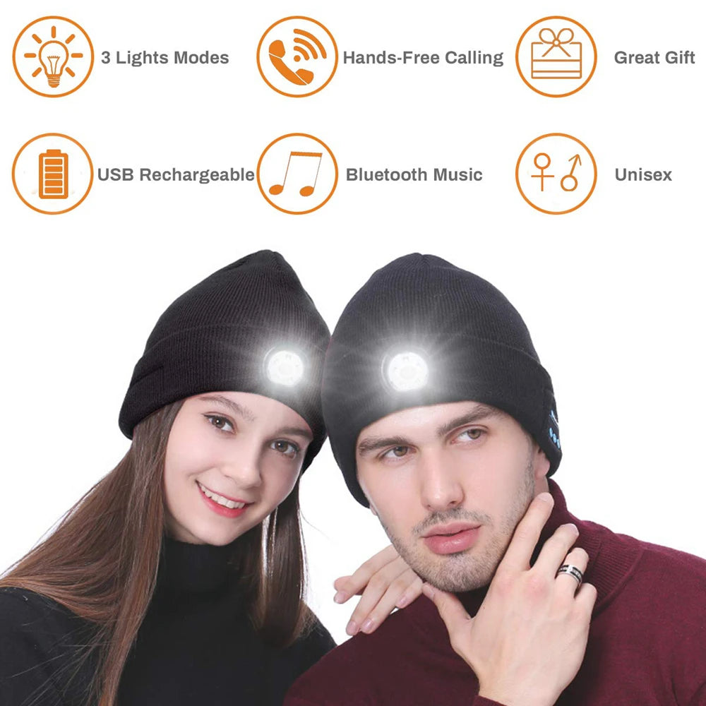 Warm  LED 5.0 Bluetooth Music Hat Wireless Beanie Headlight Handsfree Winter Unisex Knitted Cap for Running Skiing Camping