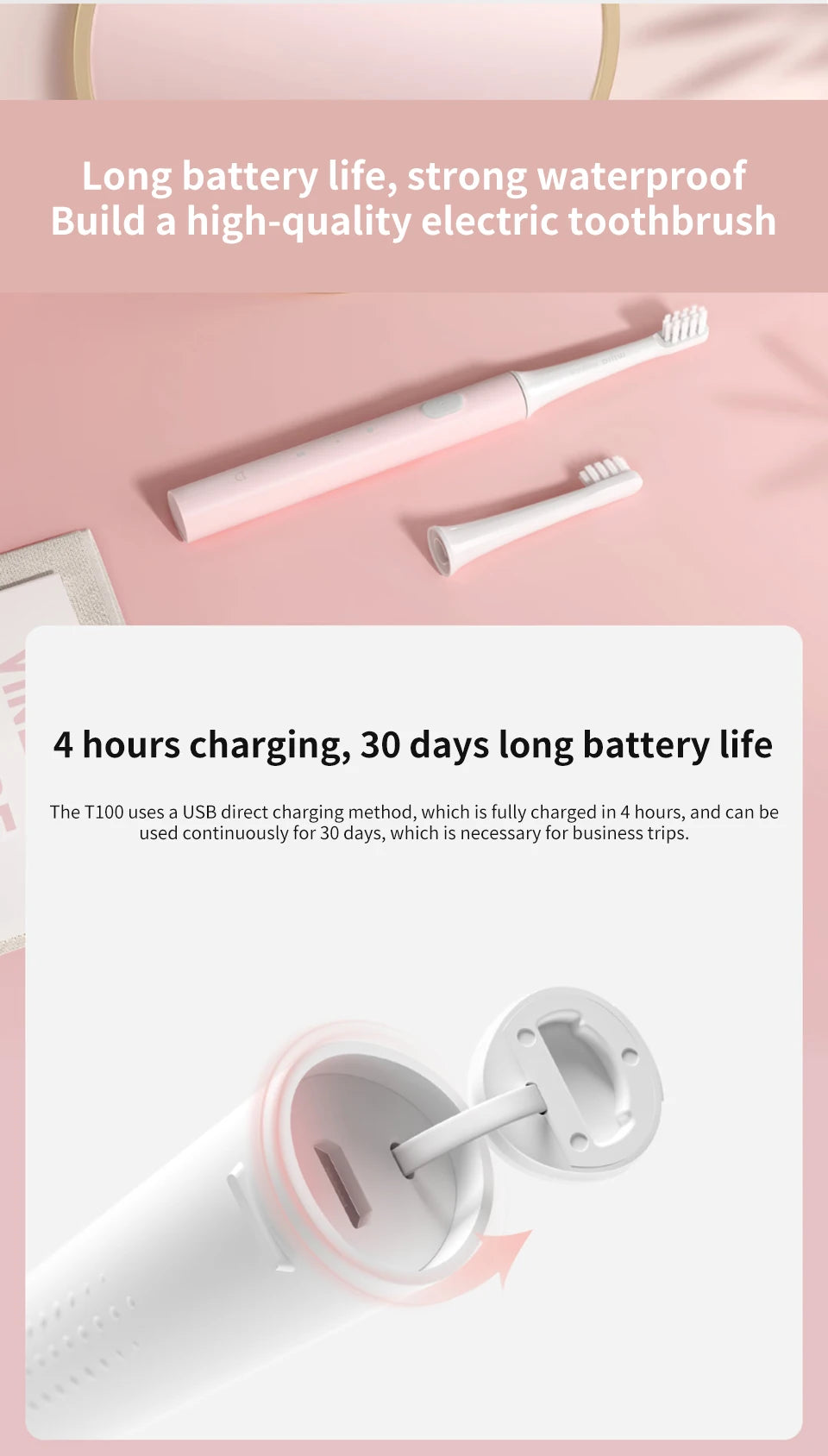 XIAOMI Mijia T100 Sonic Electric Toothbrush Mi Smart Tooth Brush Colorful USB Rechargeable IPX7 Waterproof For Toothbrushes head