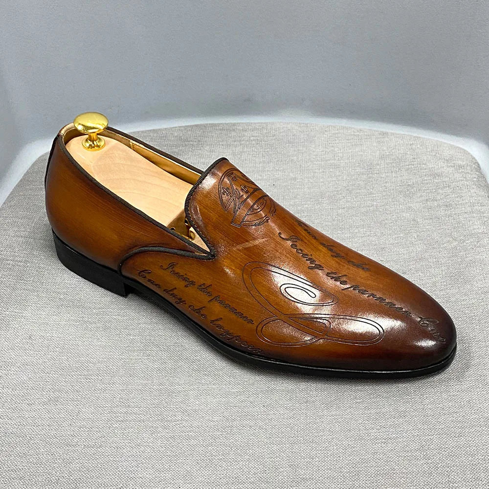 Italian Style Men Loafers Shoes Handmade Letter Print High Quality Genuine Leather Dress Shoes for Men Business Formal Shoes