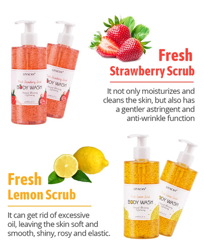 Fruit Scrub Shower Gel Exfoliating Soothing Whitening Body Wash Lightening Pore Deep Clean Skin Moisturizing Bath Foam Organic