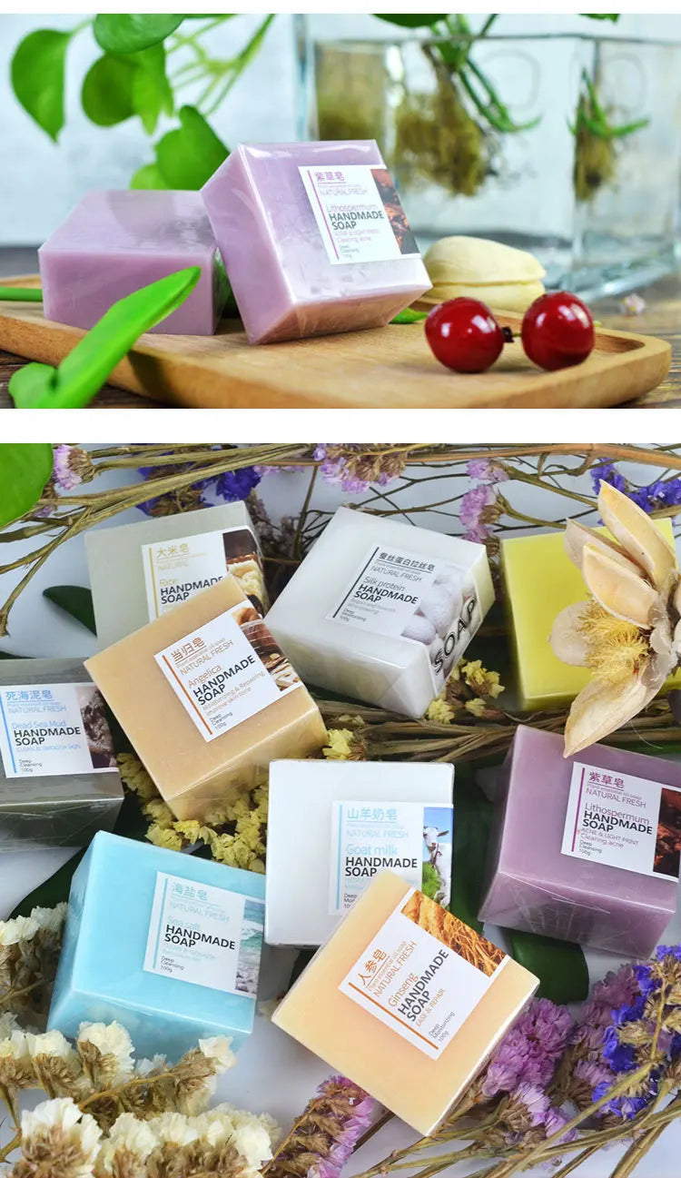 Natural Goat Milk Silk Wormwood Soap Handmade Aloe Ginseng Ginger Papaya Strawberry Lemon Natural Soap for Face & Bath