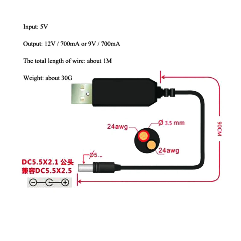 USB Power Boost Line DC 5V to DC 9V / 12V Step UP Module USB Converter Adapter Cable 2.1X5.5MM Plug