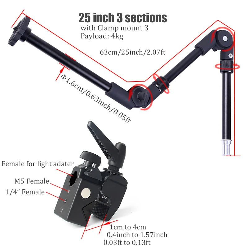 BFOLLOW Articulated Magic Arm 25" 32" Clamp Mount for DSLR Camera Camcorder Overhead Video Shooting Webcam Tablet Phone Bracket