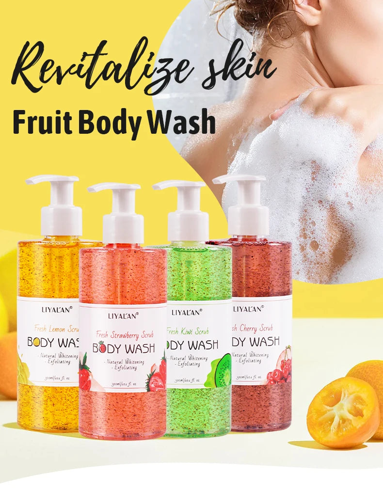 Fruit Scrub Shower Gel Exfoliating Soothing Whitening Body Wash Lightening Pore Deep Clean Skin Moisturizing Bath Foam Organic