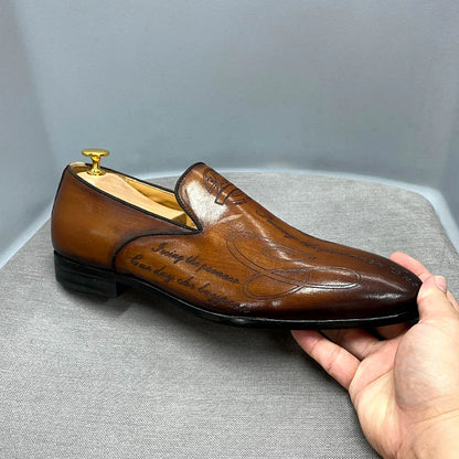 Italian Style Men Loafers Shoes Handmade Letter Print High Quality Genuine Leather Dress Shoes for Men Business Formal Shoes